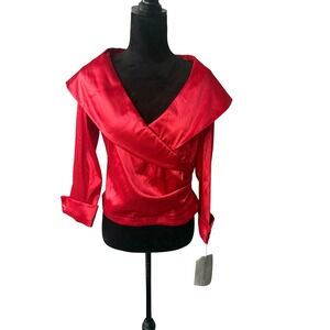 Metaphor Womens Red Satin Off the Shoulder Portrait Collar Wrap Blouse NWT Med